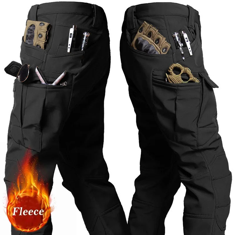 Winter tactical pants mens military shark skin soft shell cargo handcart outdoor multi pocket windproof and waterproof combat pants 241023