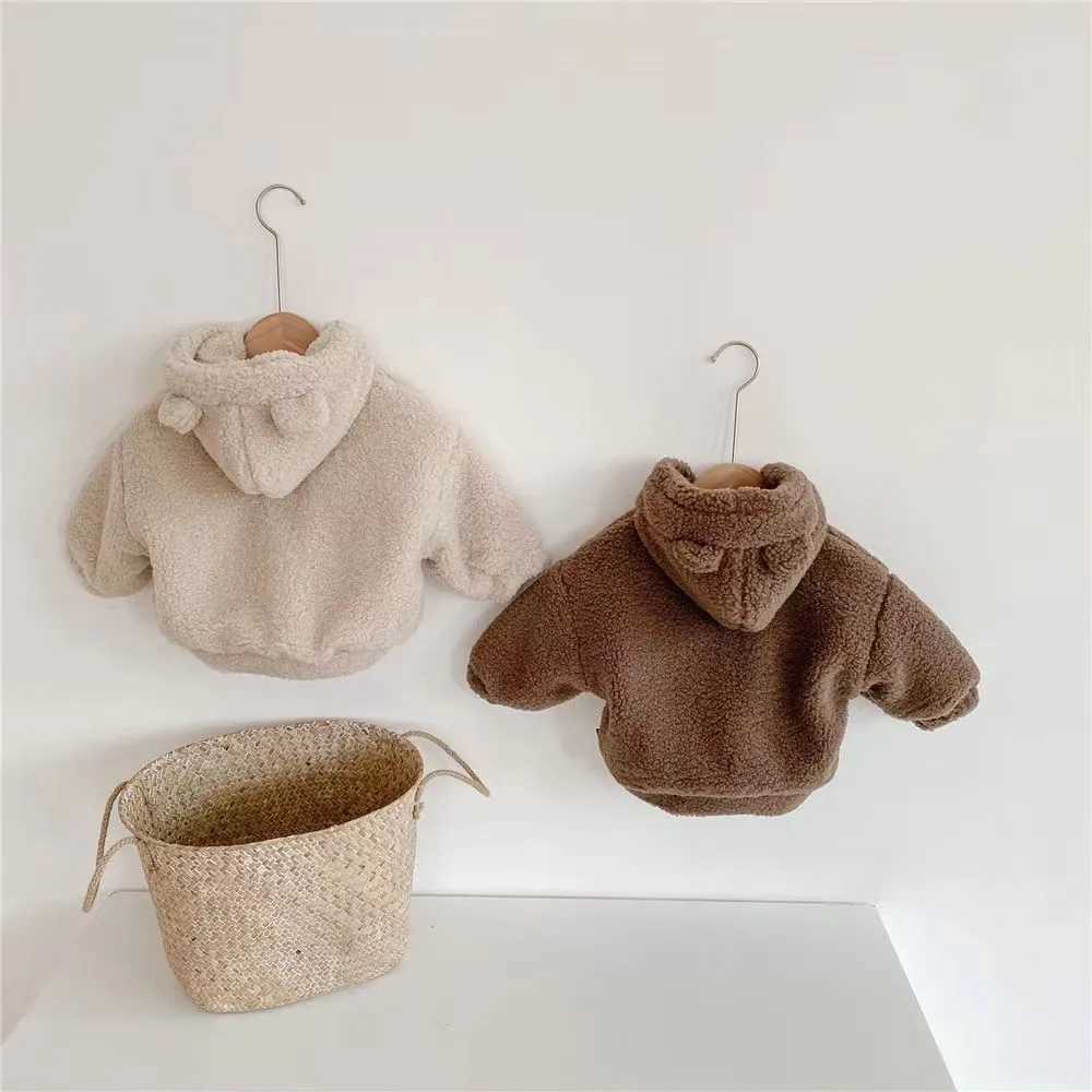 Korean version of winter boys and girls with thick cashmere suitable for children warm and cute teddy bear hooded cardigan jacket W241023