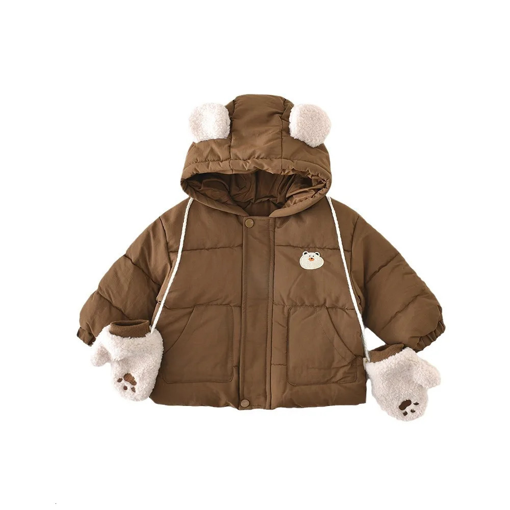 Korean Winter Preschool Boys Park Cotton Apron Hoodie Solid Cartoon Baby Boys Jacket with Scarf Childrens Boys Jacket 241024