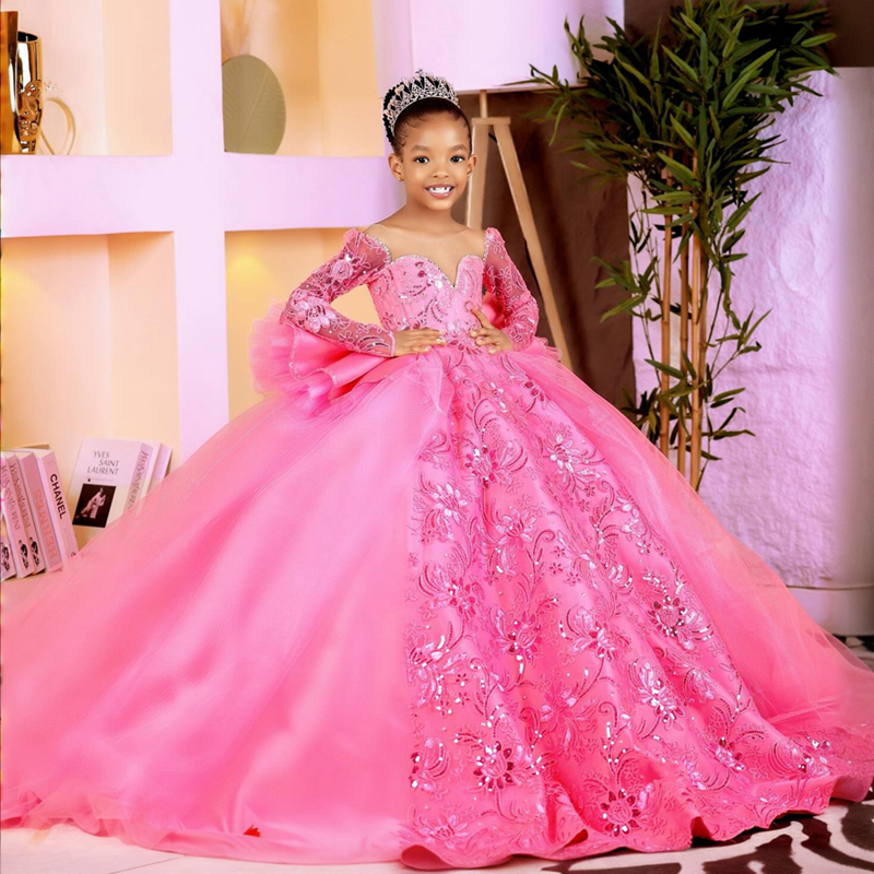 2024 Aso Ebi Pink Flower Girl Dresses Children Birthday Dress Illusion Sheer Neck Long Sleeves Beaded Lace Princess Tiered Tulle Princess Ball Gown Fo