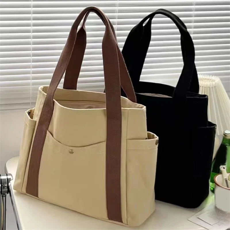 Large Capacity Canvas Shoulder Bag Woman Work Out Commuting Student Bags Unlined Load Book Cloth Wear Resistant 241017