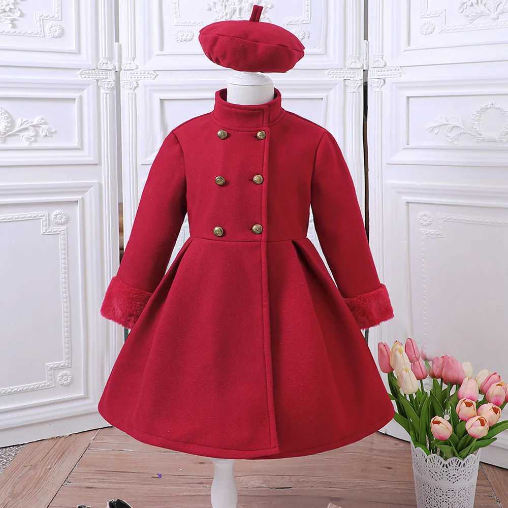 New autumn and winter standing collar double row wool coat for girls with hat 5-13 years old wool coat for middle school children W241023