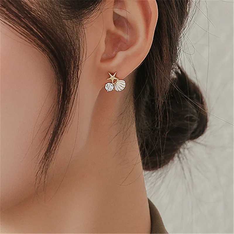 White Pink Shell Starfish Stud Earrings for Women Cute Asymmetric Imitation Pearl Rhinestones Beads Charms Small Ear JewelryX241023