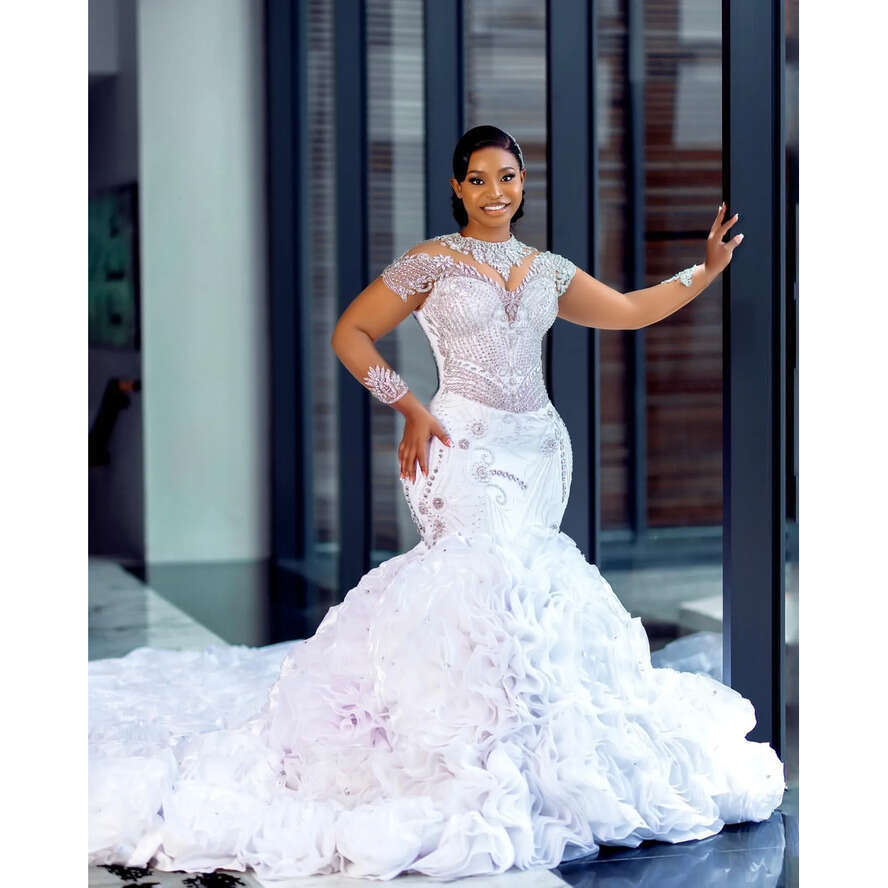 2024 Plus Size White Mermaid Wedding Dresses Lace Organza Tiers Bridal Gowns