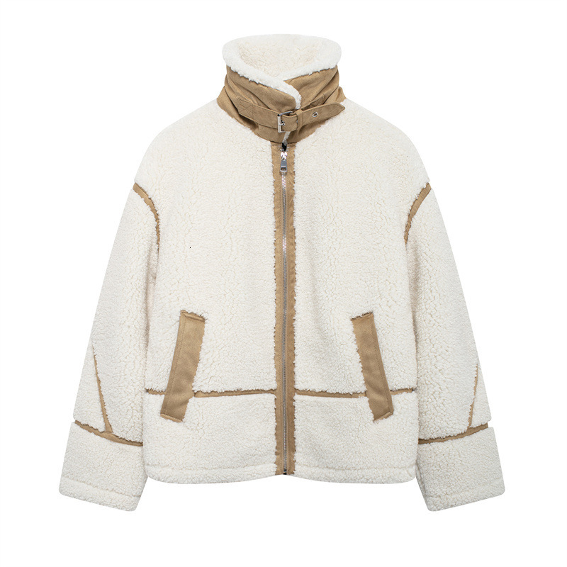 Womens Winter Faux Fur Coats Fleece Zip Up Sherpa Moto Jackets Trendy Warm Leather Patchwork Long Sleeve Sheepskin Outerwear