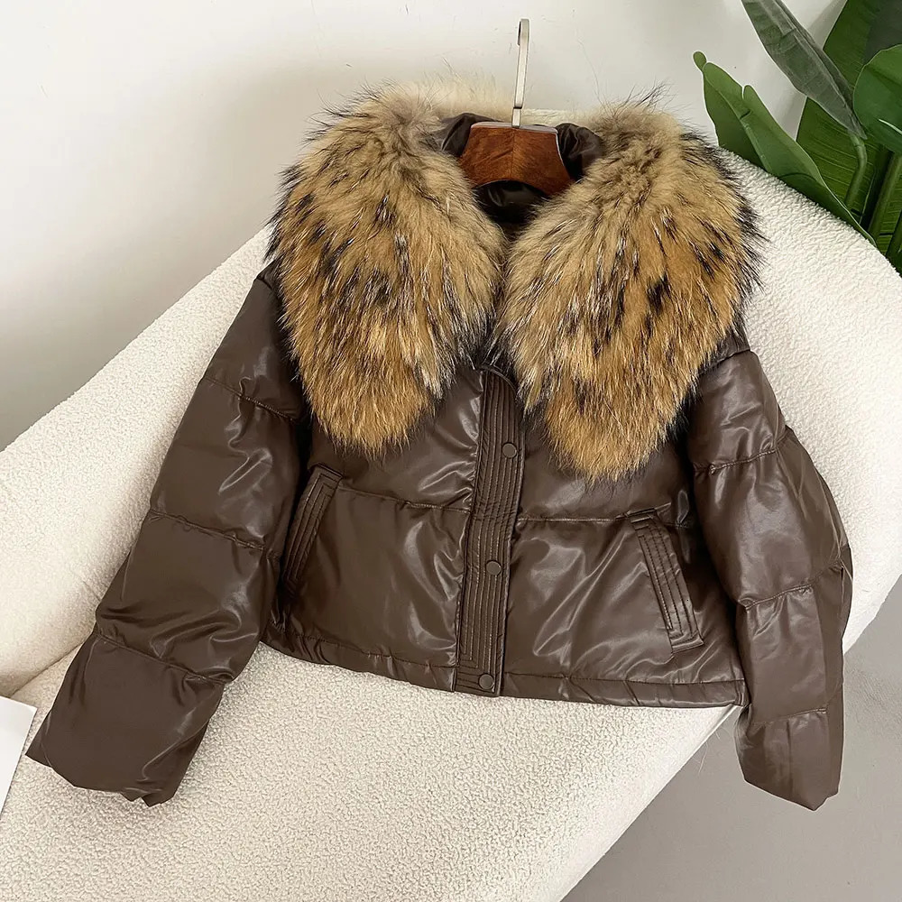 Womens Down Jacket Winter White Duck Down Jacket Short Warm Inflatable Jacket Large Natural Raccoon Fur Collar Park 241023