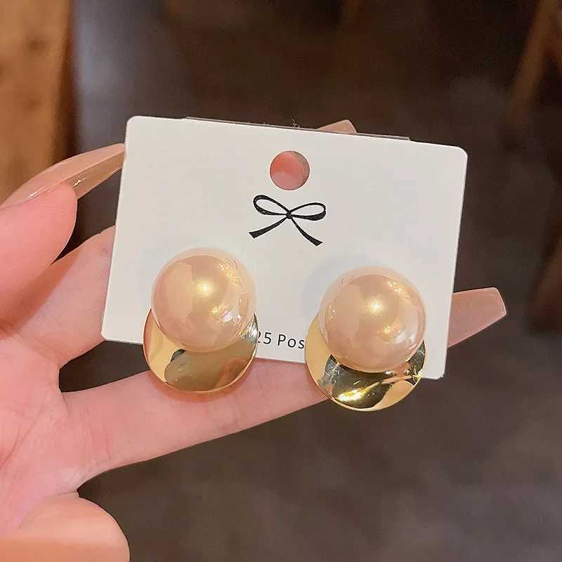 Pink Round Big Imitation Pearl Geometry Fold Disc Stud Earrings for Women Korean Fashion Cute Girl Jewelry AccessoriesX241023