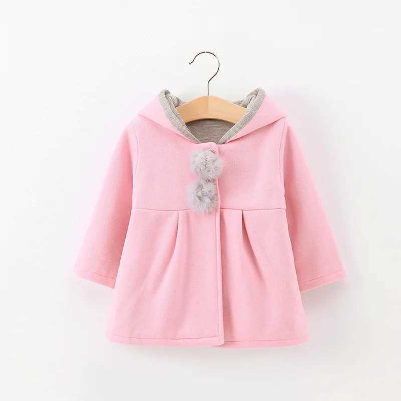 Girls wool coat autumn new cute rabbit ear long coat childrens clothing hooded long sleeved childrens jacket Casaco baby W241023
