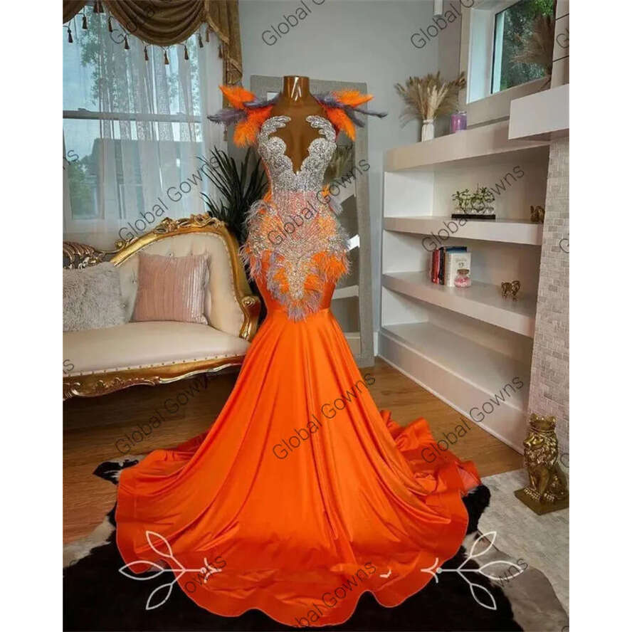 Orange High Neck Long Prom Dress For Black Girls 2024 Beaded Crystal Rhie Birthday Party Dresses Feathers Evening Gown