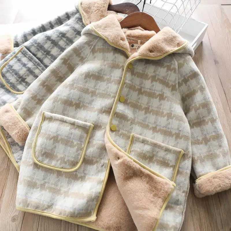 Childrens plain woolen coat 2023 new winter warm plush thick single corset large pocket design jacket W241023
