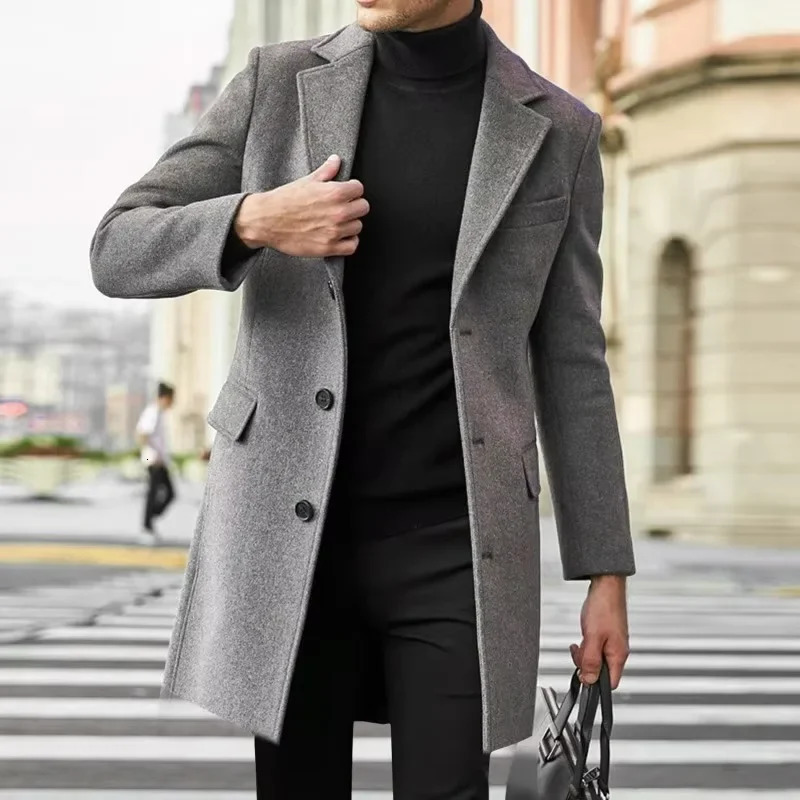 autumn and winter mens windproof jacket British long sleeved wool coat fashionable and trendy set single chest trench coat mens style 241024