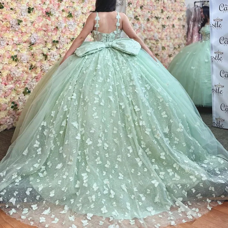 Mint Green Shiny Quinceanera Dresses Ball Gown Birthday Party Dress Bow Beads Tull With Cape Lace Up Graduation Vestidos De 15 Anos Sweet 16 Dress