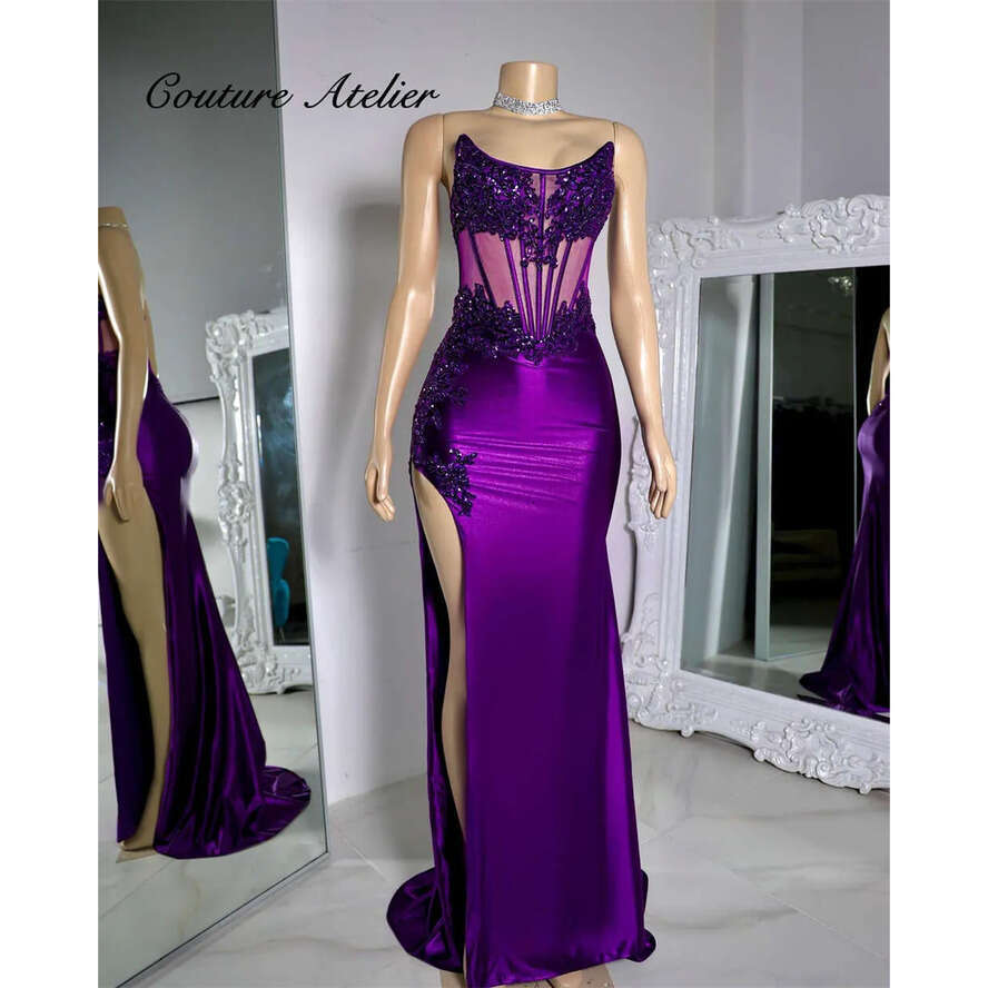 Pretty Purple High Split Rhies Prom For Black Girls Party Dress Women Elegant Gala Dresses Robe De Bal