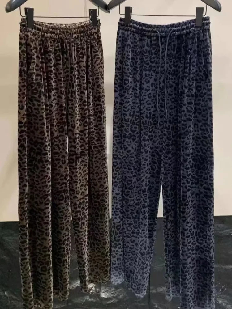 Elastic waist brushed leopard print loose gold velvet pants winter chic straight womens pants casual retro Trouser streetwear 241023