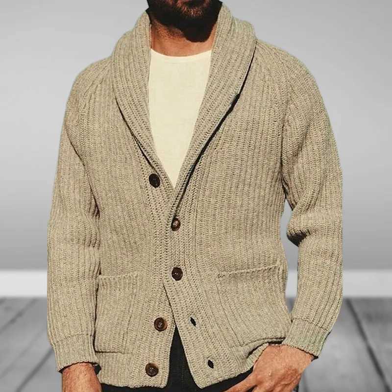 Mens Cardigan Sweater Autumn and Winter Solid Color Lapel Long Sleeved Outerwear Knitted Sweater Retro Sweater Clothing LX241024