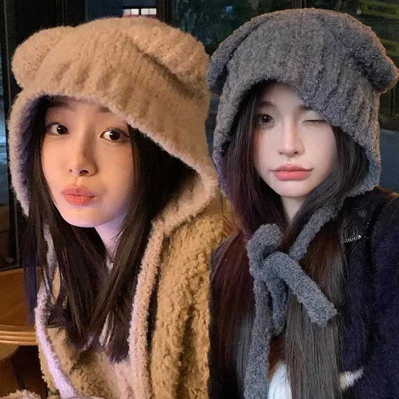 Fashionable Warm Bean Hat Winter Warmth Cute Bear Ear Hat Casual Plush Hat Warm Girl Ear Hoods Windproof Hat X241023