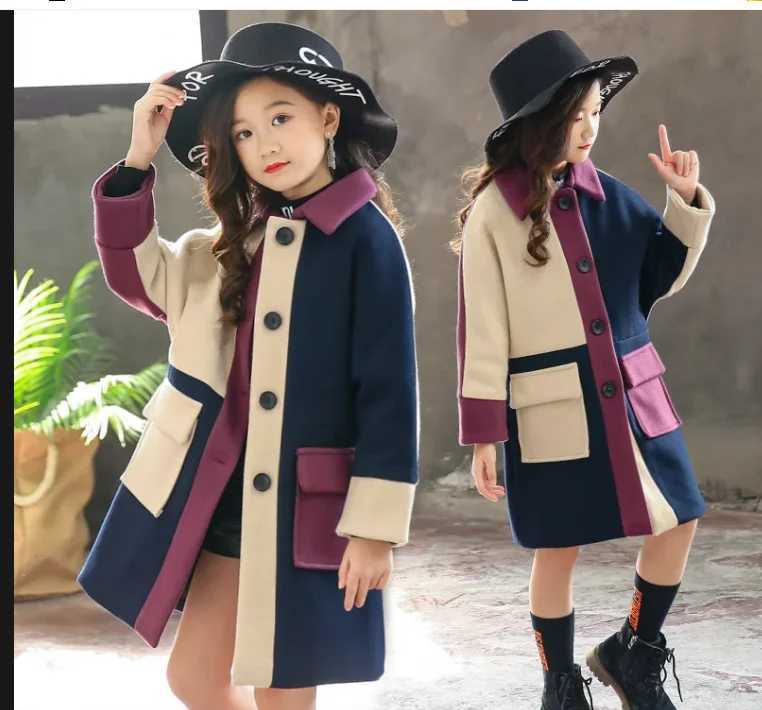 Girls hot selling patch work wool jacket autumn thick warm trench jacket 4-12 years childrens clothing big childrens fashion park W241023