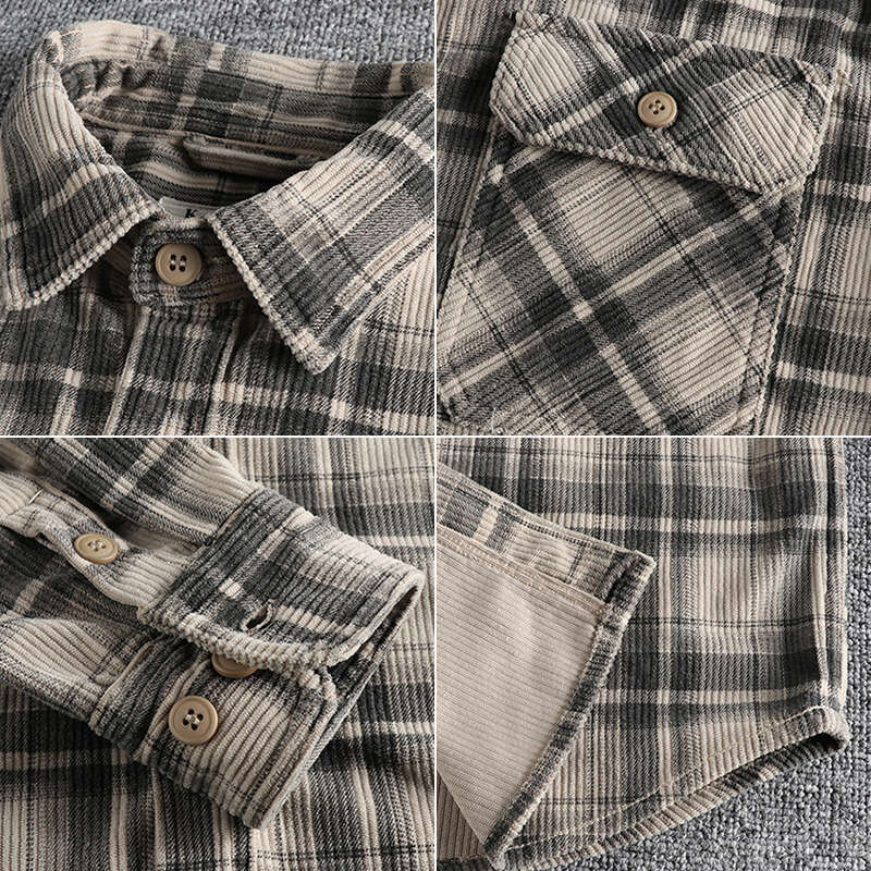 Plaid Woven Corduroy Men Shirts 100% Cotton Spring Autumn Heavy Washed Workwear Blouses Retro Ameki Western Style Casual Tops