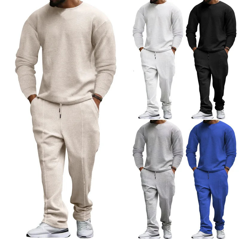 Spring and autumn two-piece crepe long sleeved T-shirt and mens casual sportswear 241024