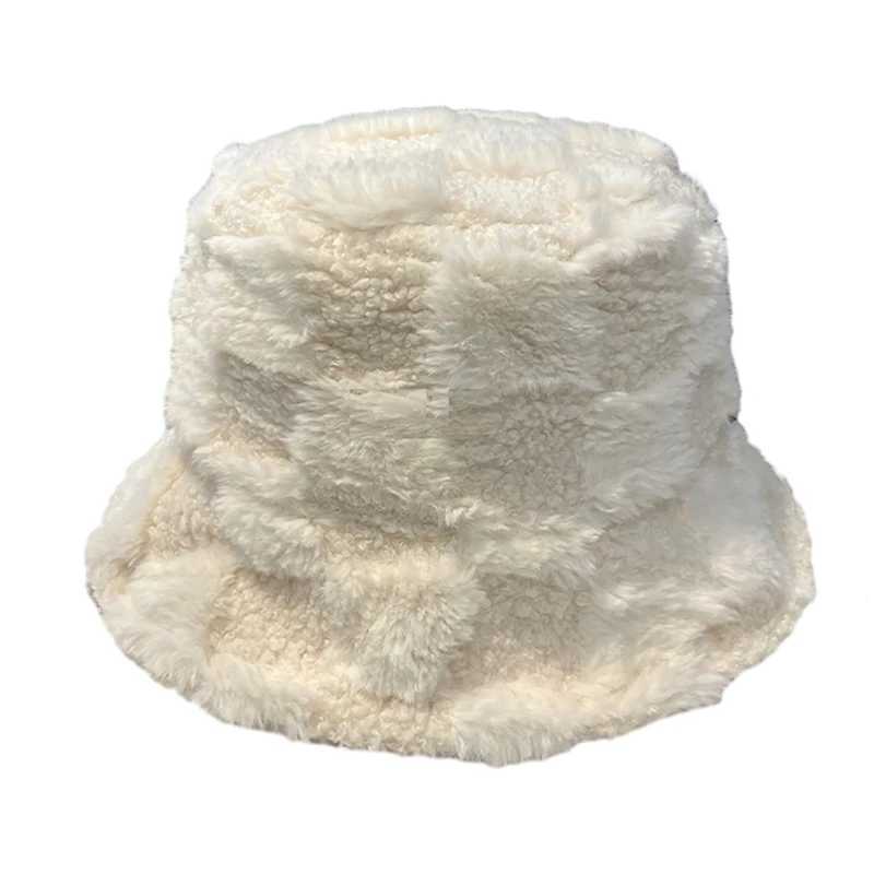 Grid bucket hat plush adjustable bucket hat fur warm fisherman hat winter and spring for men and women X241023