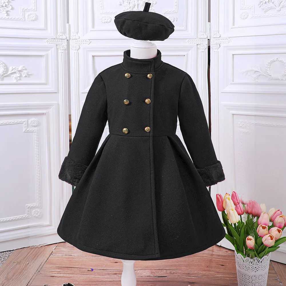 New autumn and winter standing collar double row wool coat for girls with hat 5-13 years old wool coat for middle school children W241023