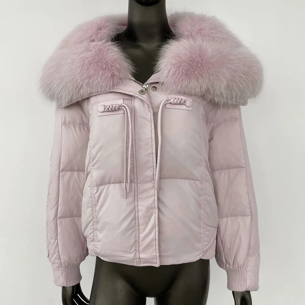 Winter Big True Fox Fur Collar Coat Womens Natural Thick Warm Duck Coat Short Sleeve Loose Fur Leather Jacket 241023