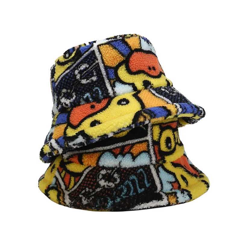 New cute cartoon duck print winter bucket hat suitable for mens thick women with fluffy fur warm Panama hat outdoor fisherman hat party X241023
