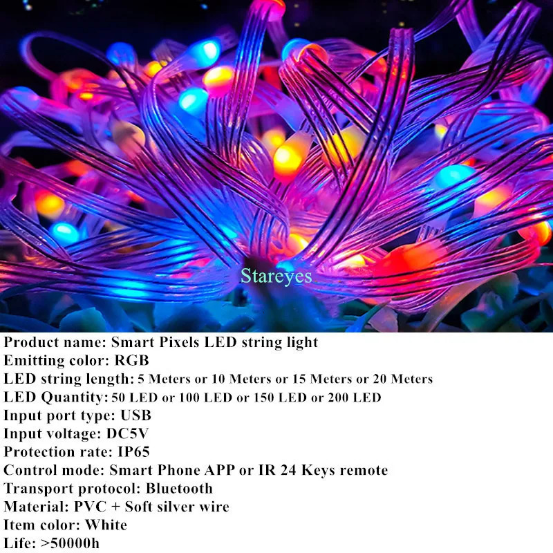 Intelligent RGB USB DC5V 5m 10m 15m 20m IP65 LED string light WS2812B IC magic color Bluetooth application 241023