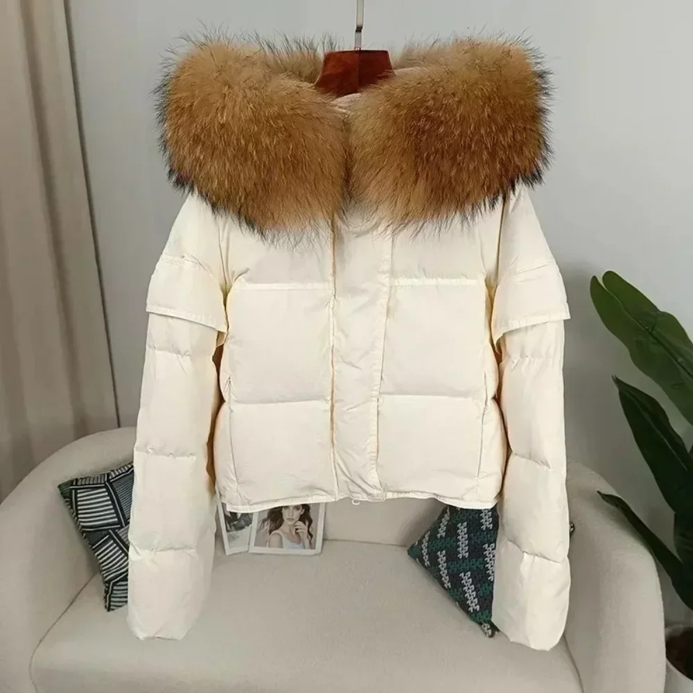 Coat Autumn Winter Womens Hoodies Fashionable Street Clothing Detachable Sleeves Genuine Raccoon Fur Collar Jacket Down Jacket 241023