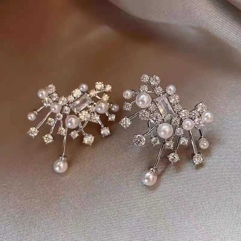 Rhinestone Imitation Pearl Stud Earrings For Women Korean Style Double Row Pearl Zircon Earring Elegant Christmas Party JewelryX241023