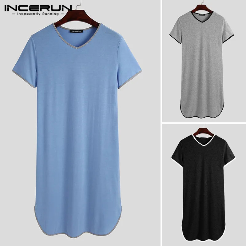 INCERUN mens patch work pajamas summer short sleeved V-neck mens loose and comfortable mens casual solid evening gown plus size 241023