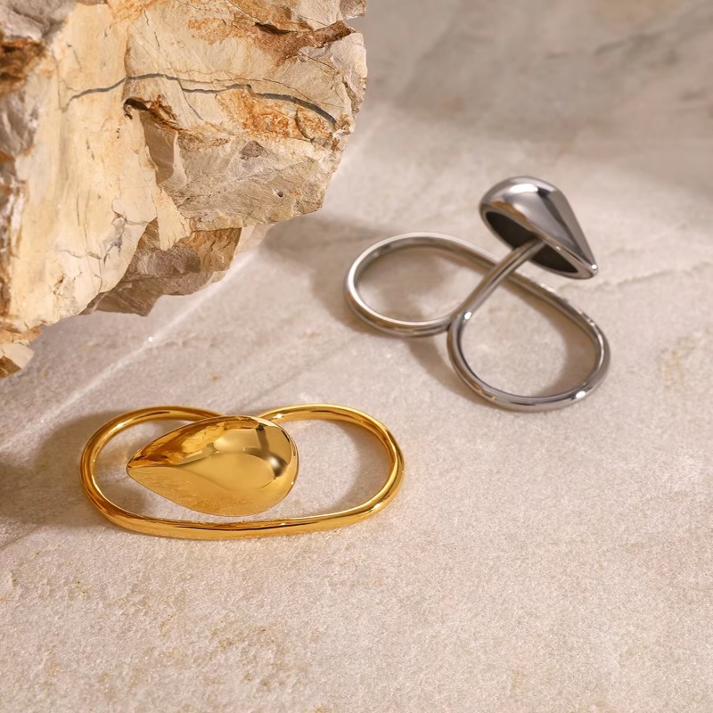 Luxury Stainless Steel 18K Gold Plated Ring Women Jewelry Fashionable Water Drop Double Finger Ring Size 7