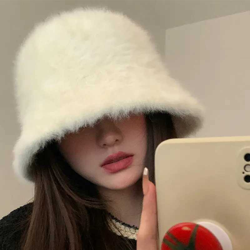 Winter rabbit plush fisherman hat solid color girls fashion bucket hat warm windproof wide Brim ladies Wen Artist hat X241023