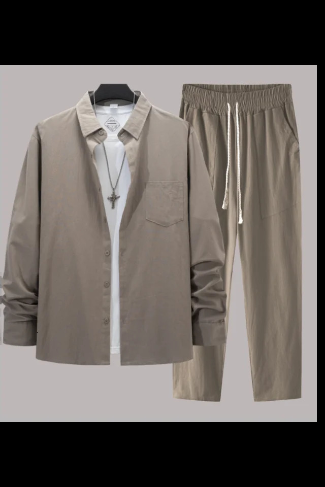 Mens cotton linen long sleeved shirt casual long sleeved pants two sets 241024