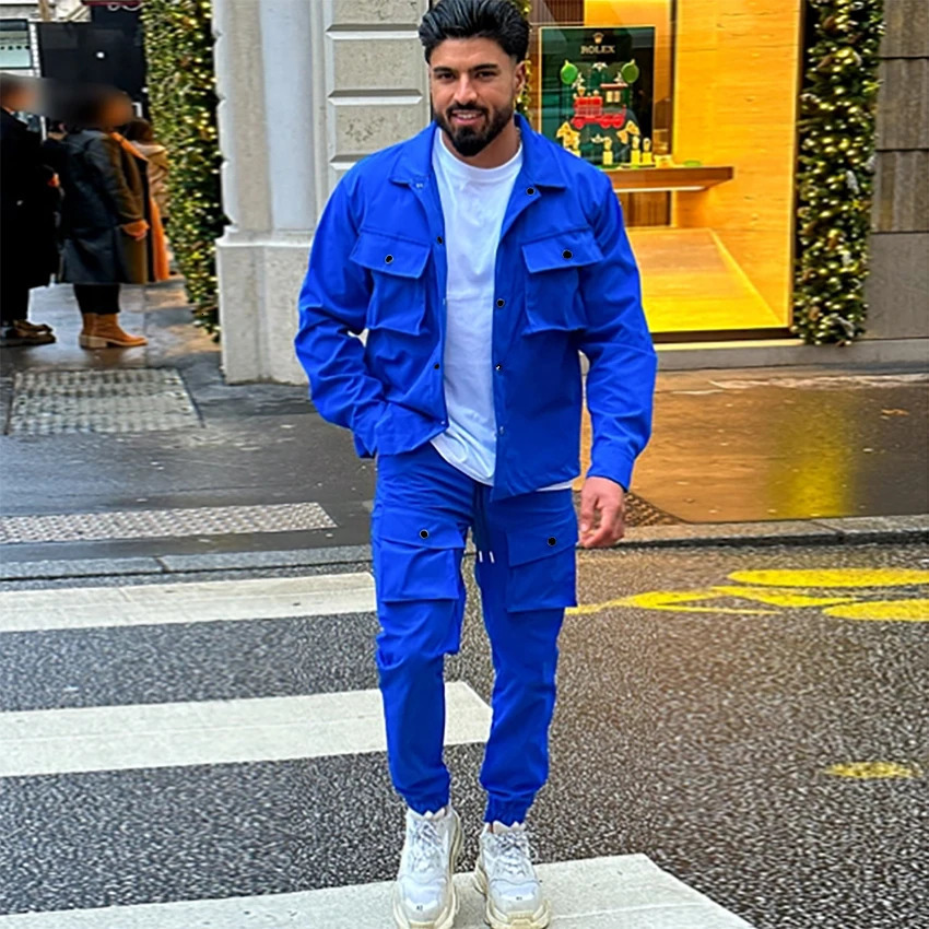 Mens jacket cargo pants set with pocket buttons spring and autumn track suit high-quality solid color mens fashion 2-piece set 241024