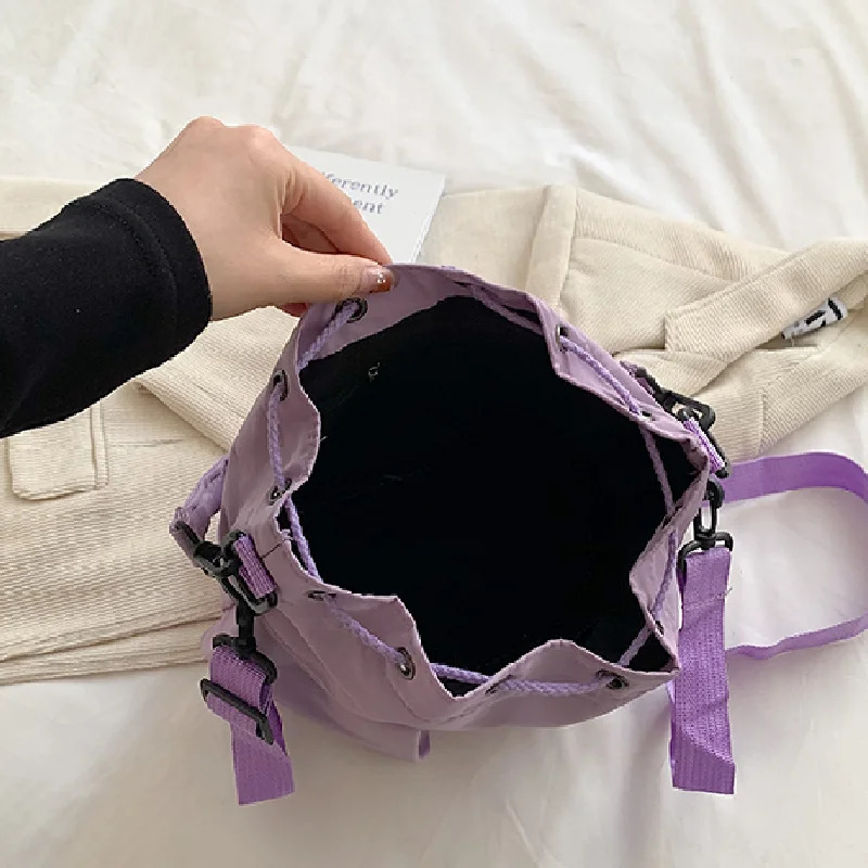 Casual Nylon Bucket Crossbody Bag Ladies Drawstring Multi Pocket Shoulder Korean Women Shopping Portable Purple Phone Purse 241021