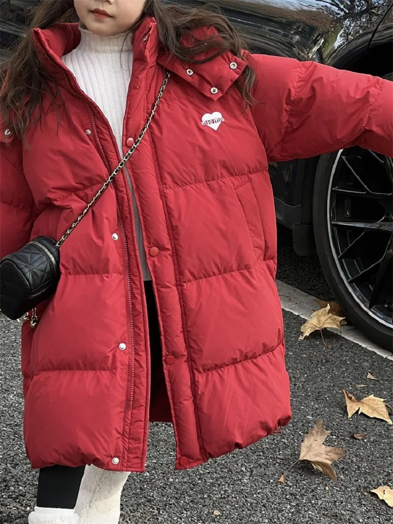 Winter Warm Girls Extra Long Cotton Lined Hoodie Zipper Puff Jacket School Childrens Thick Coat Childrens Clothing Windproof Machine 5-16Yr 241024