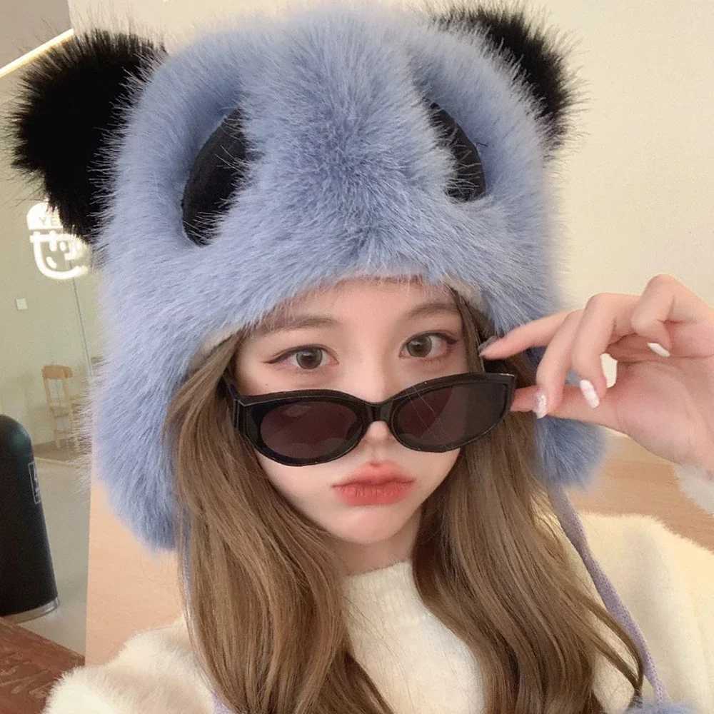 Fluffy panda earring hat cute plush plow hat from Winter warm plush hat plush neck protection X241023