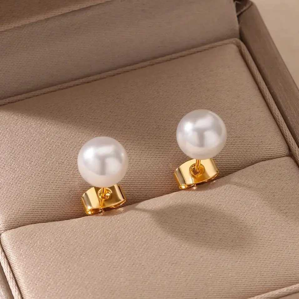 Fashion Imitation Pearl Earring For Women Stainless Steel Gold Color Round Pearl Earring Waterproof Party Aesthetic Jewelry GiftX241023