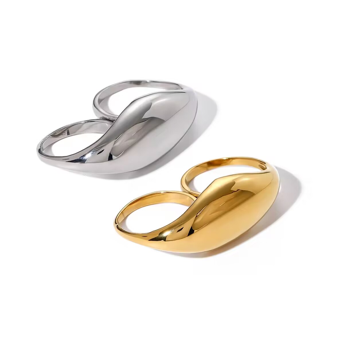 Luxury Stainless Steel 18K Gold Plated Ring Women Jewelry Fashionable Water Drop Double Finger Ring Size 7
