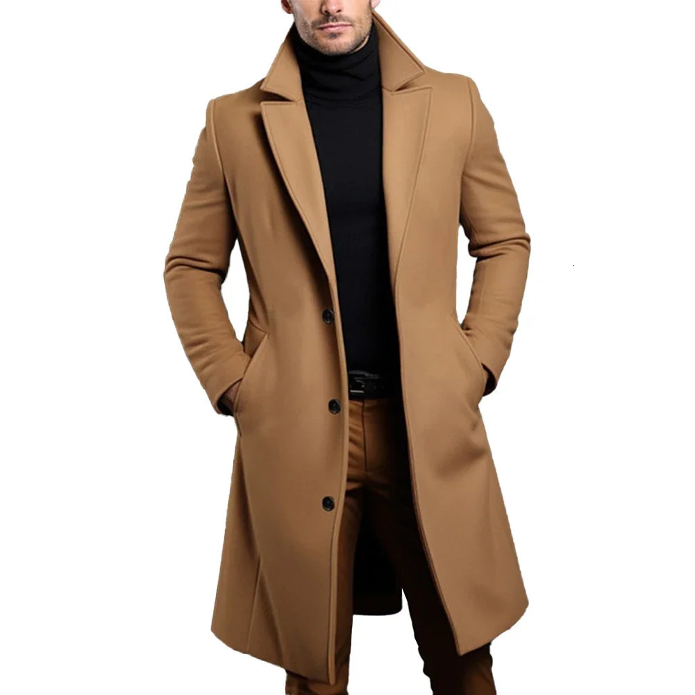 Mens long warm wool trench coat solid color single chest wool blend coat top coat 241024