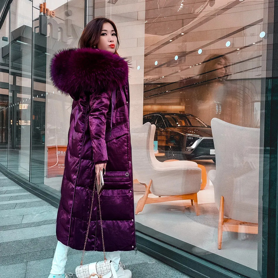 Maomaokong Womens Winter Down Jacket Womens Natural Raccoon Big True Fox Fur Collar Coat Womens Parkas X Long Down Coat 241023