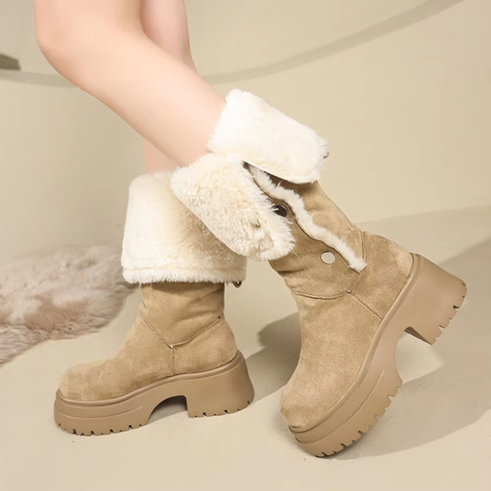 Designer Snow Slimming Women's Vintage Knight Square Toe High Heels Heaps Boots Long Buttons Warm Suede Womens Boots