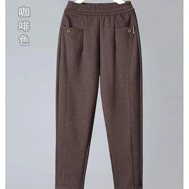 Thick Velvet Elastic Waist Hare Pants Womens High Waist Loose Middle Aged Pocket Fashion Solid Loose Pants 241023