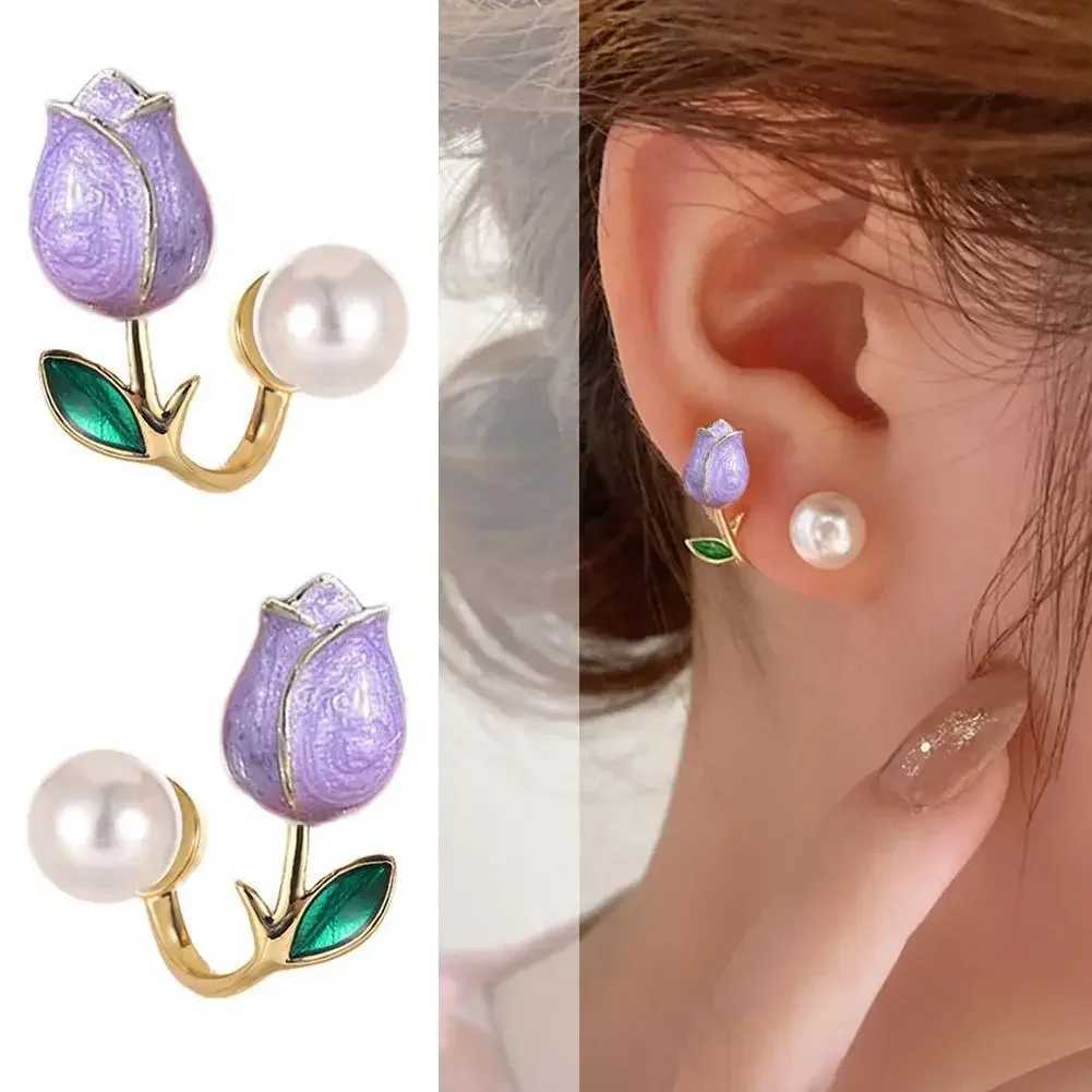 Pink Tulip Imitation Pearl Earrings Rose Color Flower Two Ways To Wear Ear Studs for Girls Daily Wear Women Ear Piercings GiftsX241023