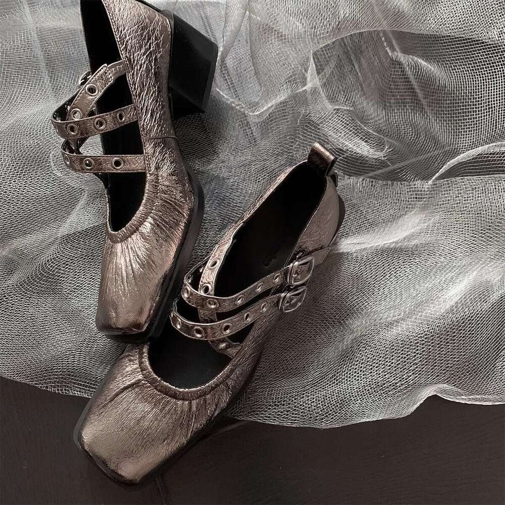 Designer Shoe Sheepskin Edition~French Retro Square Head Ballet Shoes Women's Coarse Heel Dark Cross Strap Fashion Mary Jane Shoes Genuine Leathe