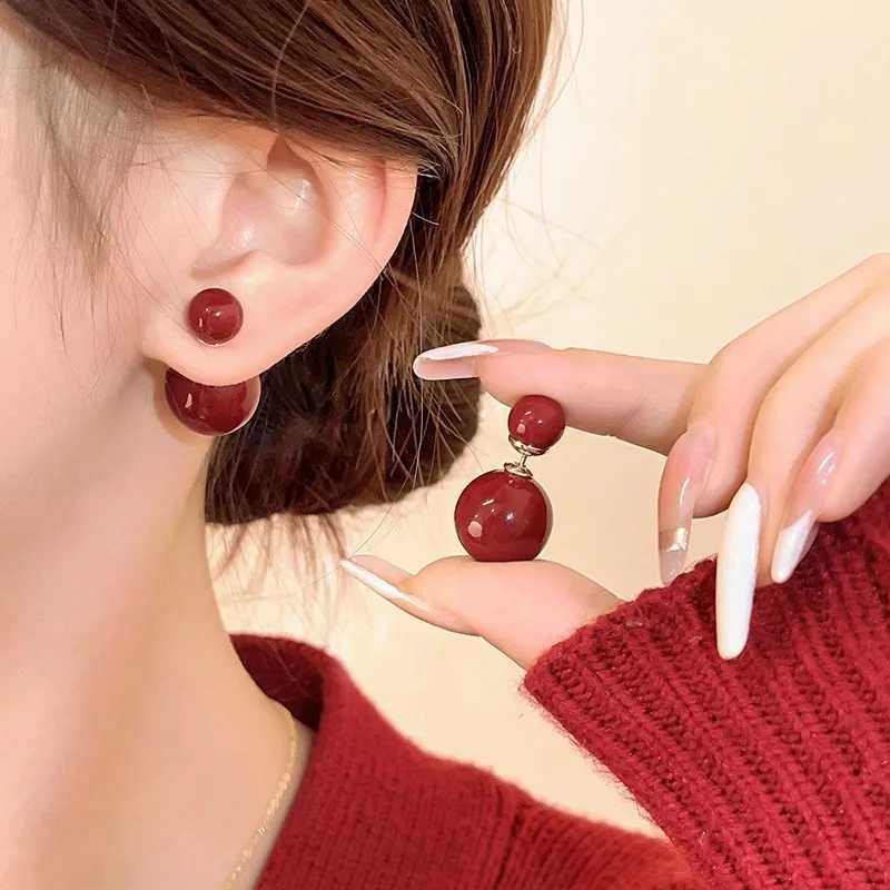 Vintage Fashion Double-sided Simulation Pearl Stud Earrings for Women Lucky Red Color Temperament Charm New Year Party JewelryX241023