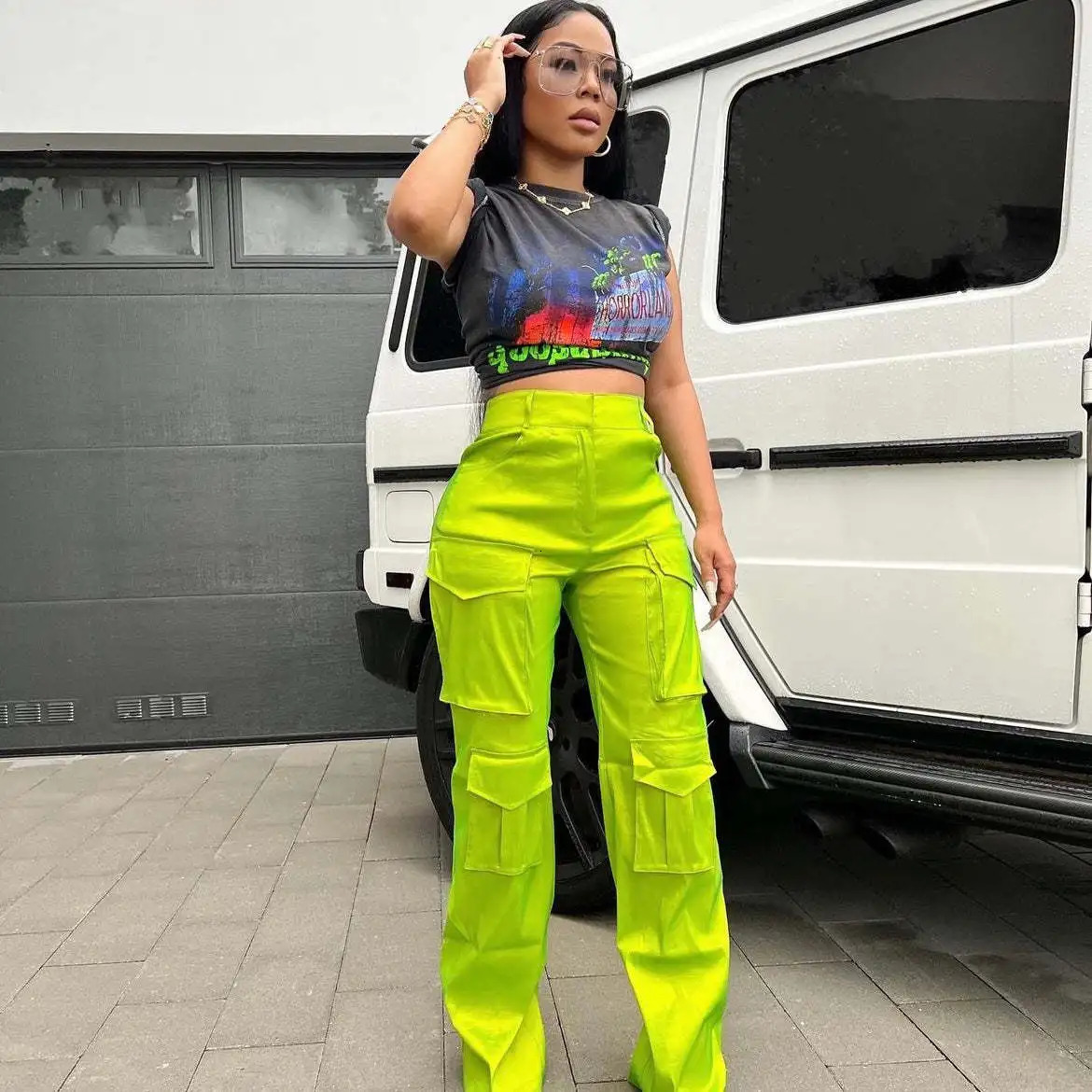 High Street Multi Pocket Elastic Product Pants Sexy Womens High Waist Elegant Street Clothing Casual Trousers 241023