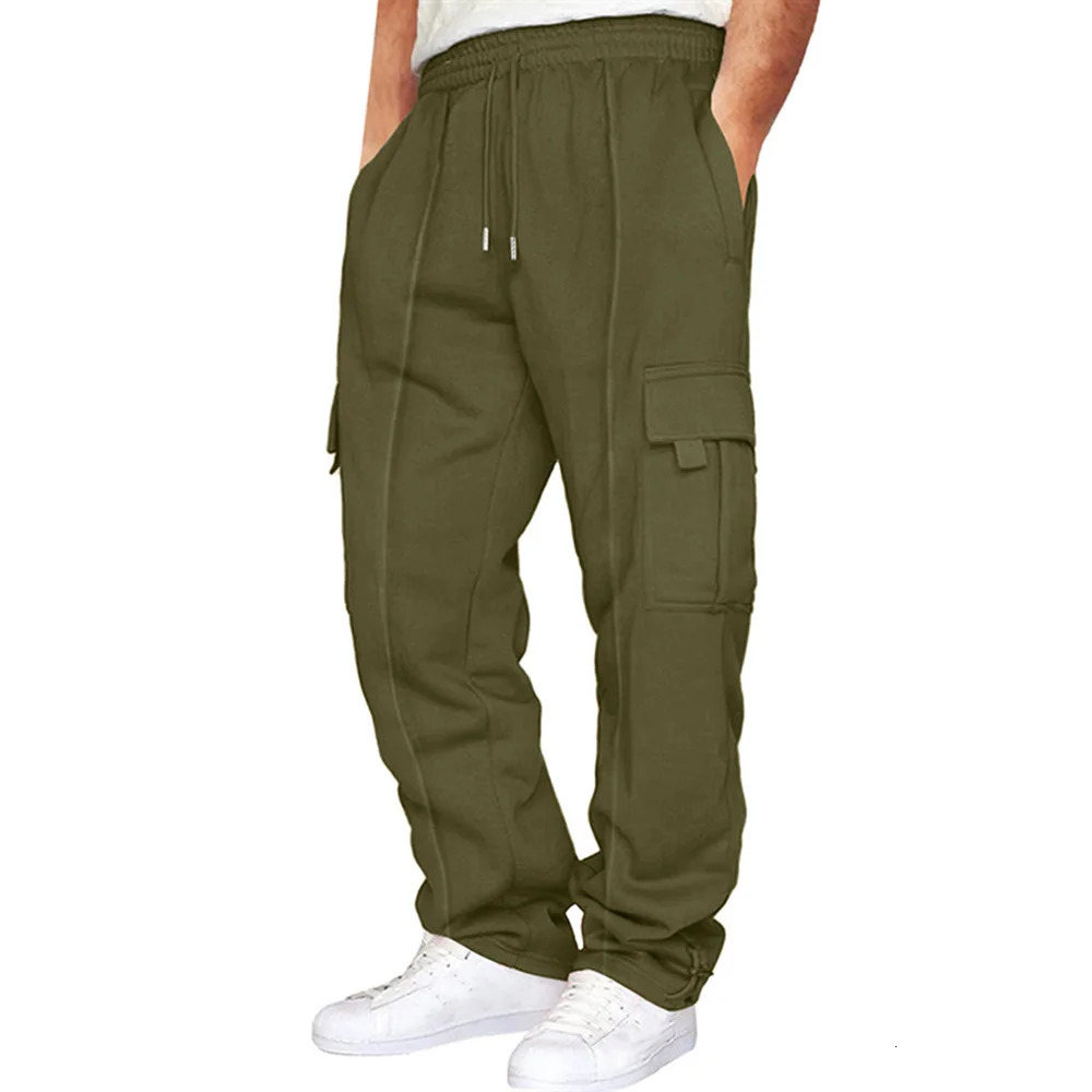 Mens multi pocket work pants for autumn casual running and jogging outdoor commuting velvet leg sports pants mens clothing 241023