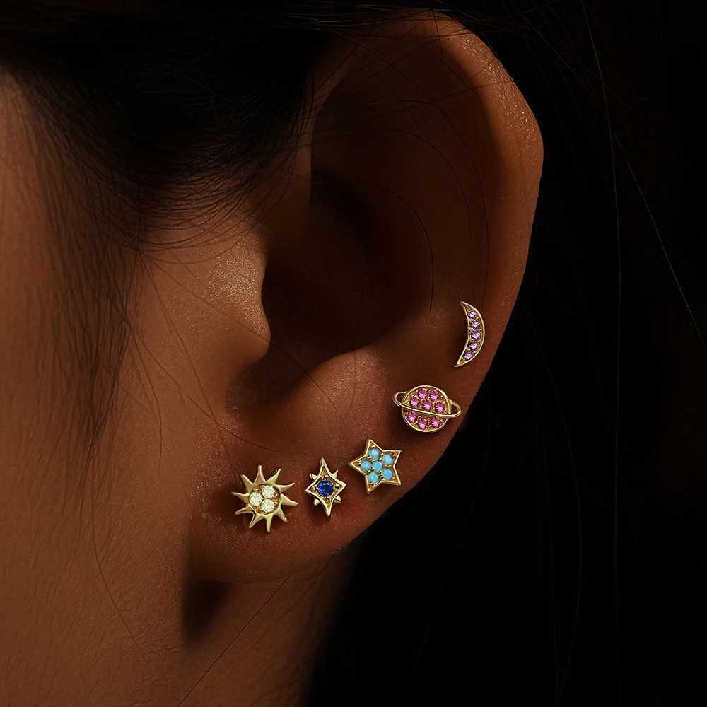 CANNER 925 Sterling Silver 5pcs Star Moon Color Zircon Planet Set Stud Earrings For Women Ins Earrings Fine Jewelry Party GiftX241023